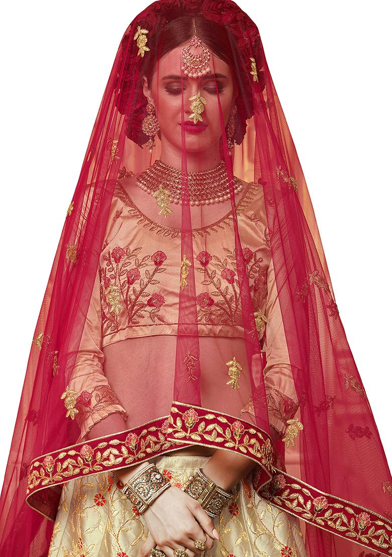 Beige Embroidered Silk Satin Lehenga Set - Indya
