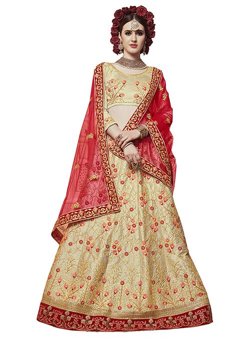 Beige Embroidered Silk Satin Lehenga Set