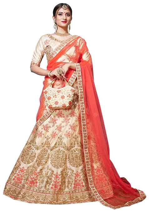 Beige Embroidered Pure Satin Silk Lehenga Set