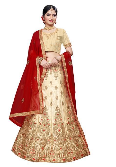 Cream Zari Embroidered Silk Blend Lehenga Set