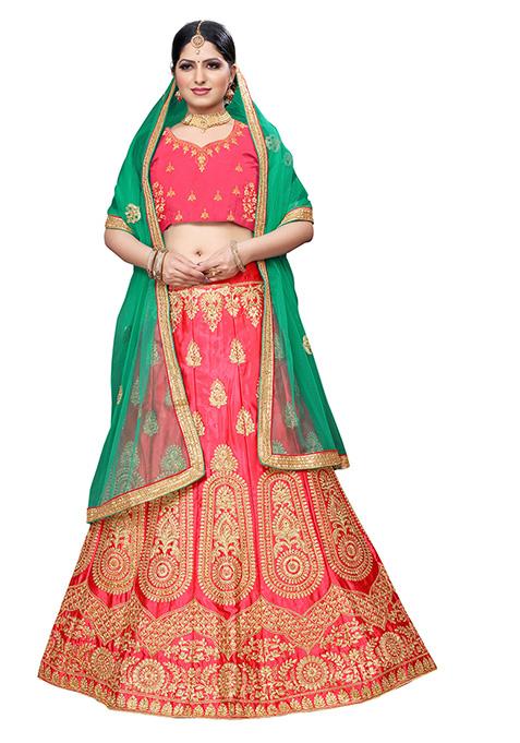 Pink Zari Embroidered Silk Blend Lehenga Set