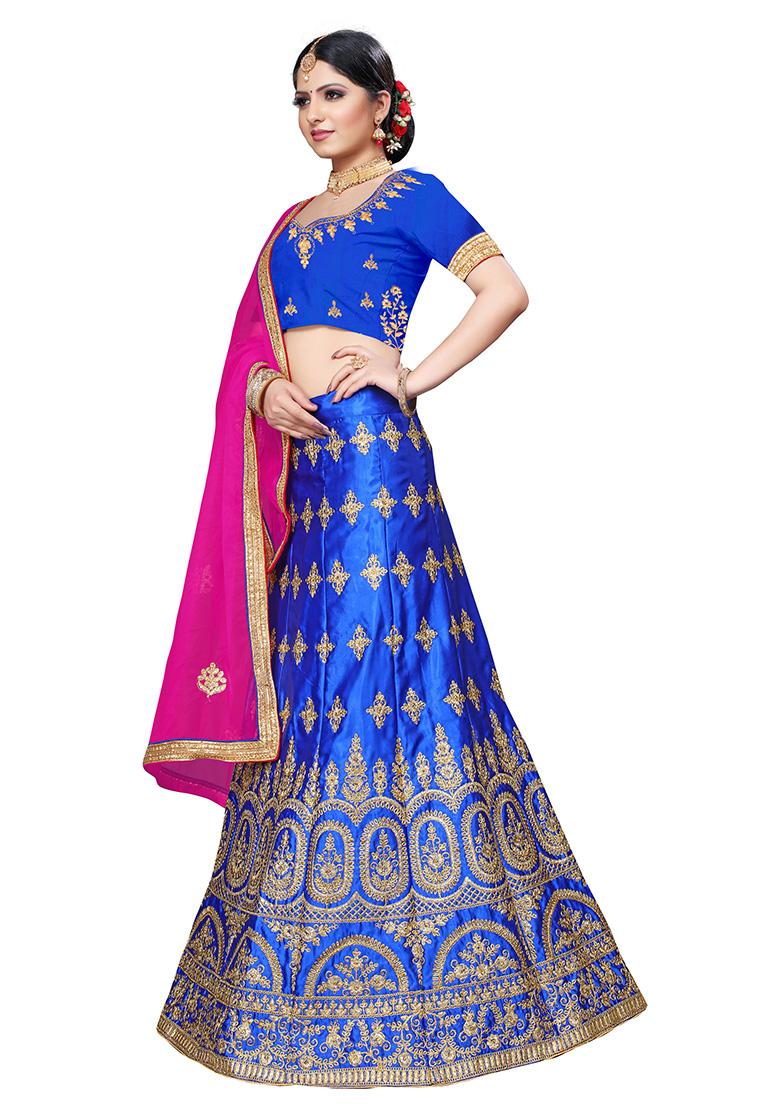 Blue Zari Embroidered Silk Blend Lehenga Set - Indya