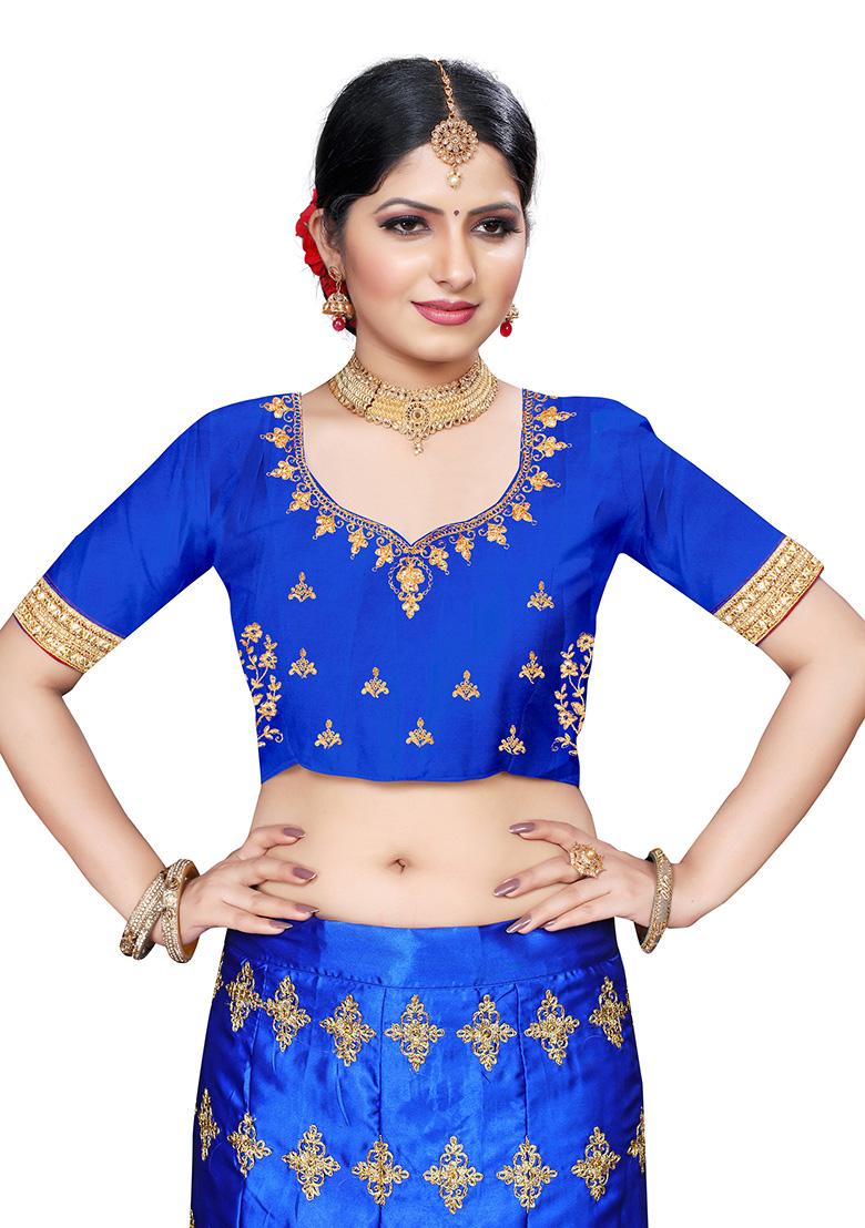 Blue Zari Embroidered Silk Blend Lehenga Set - Indya