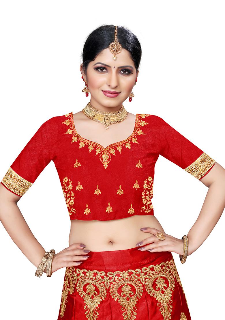 Red Zari Embroidered Silk Blend Lehenga Set