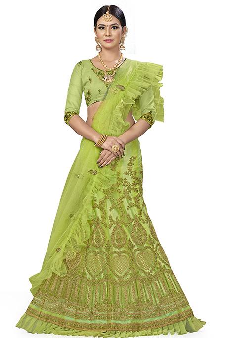 Pista Green Embroidered Net Lehenga Set