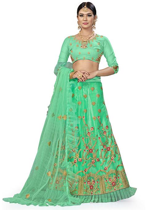 Sea Green Embroidered Net Lehenga Set