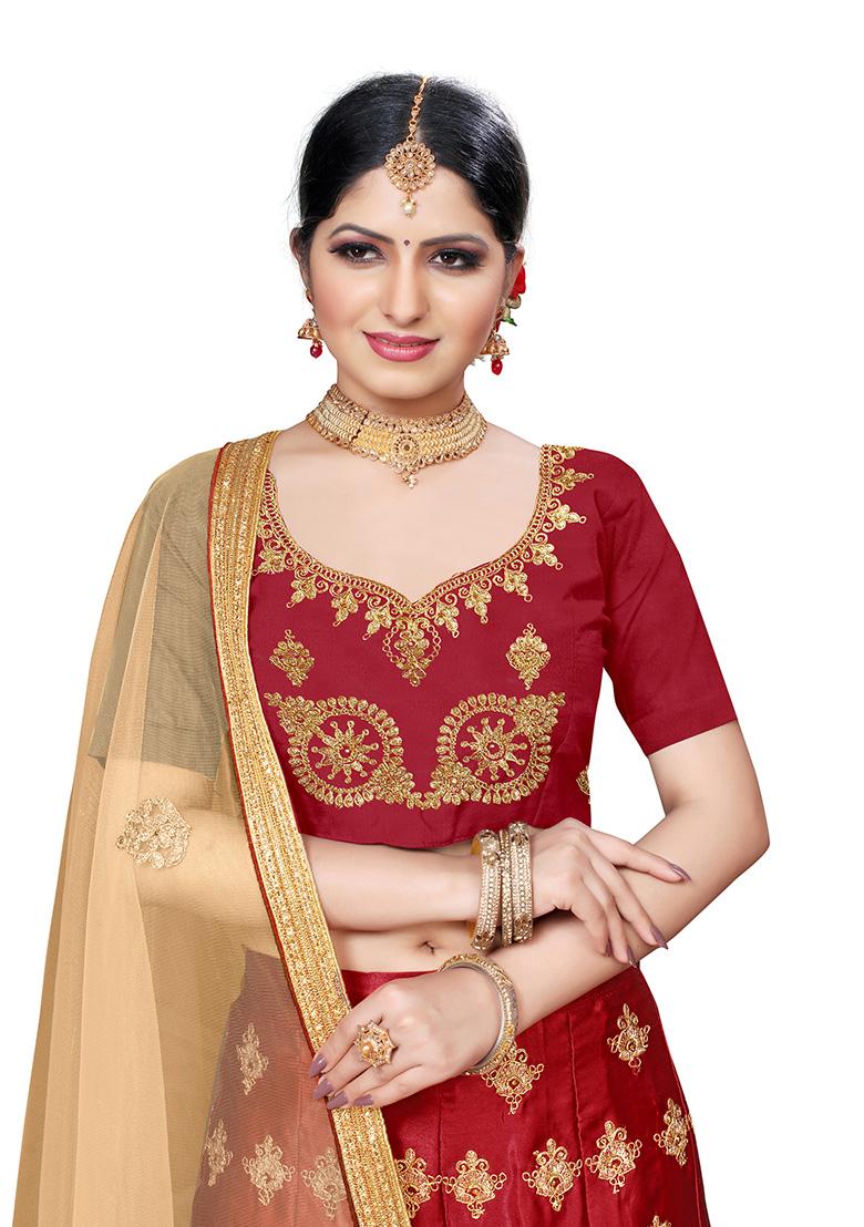 Maroon Zari Embroidered Silk Blend Lehenga Set