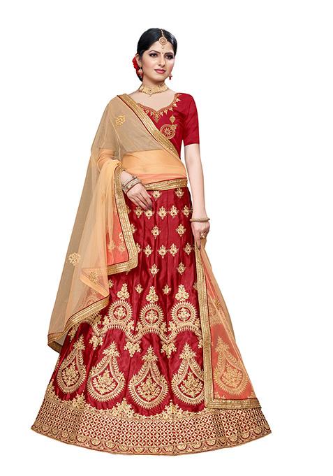 Maroon Zari Embroidered Silk Blend Lehenga Set