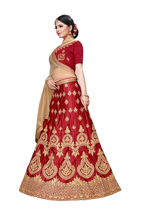 Maroon Zari Embroidered Silk Blend Lehenga Set