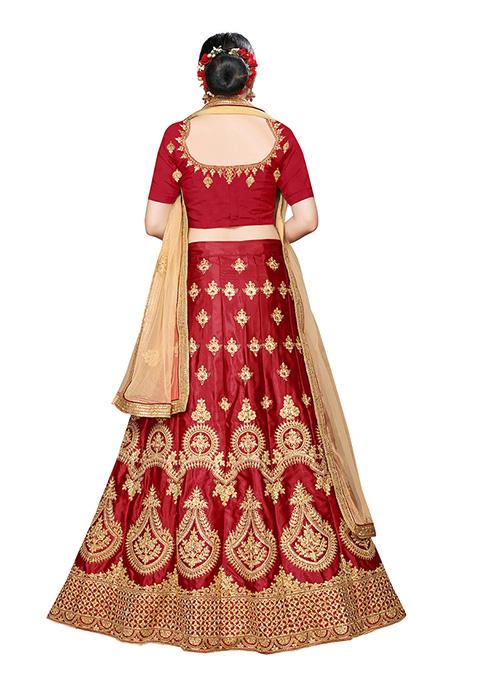 Maroon Zari Embroidered Silk Blend Lehenga Set