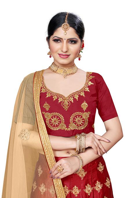 Maroon Zari Embroidered Silk Blend Lehenga Set