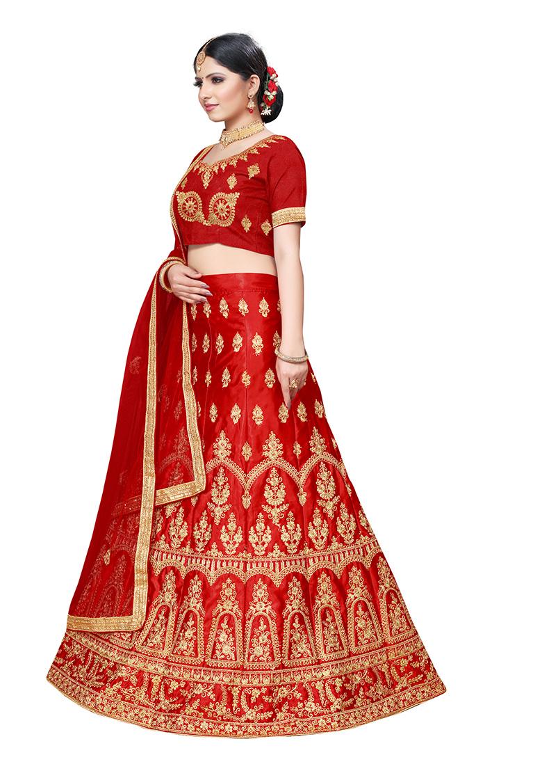 Red Zari Embroidered Silk Blend Lehenga Set