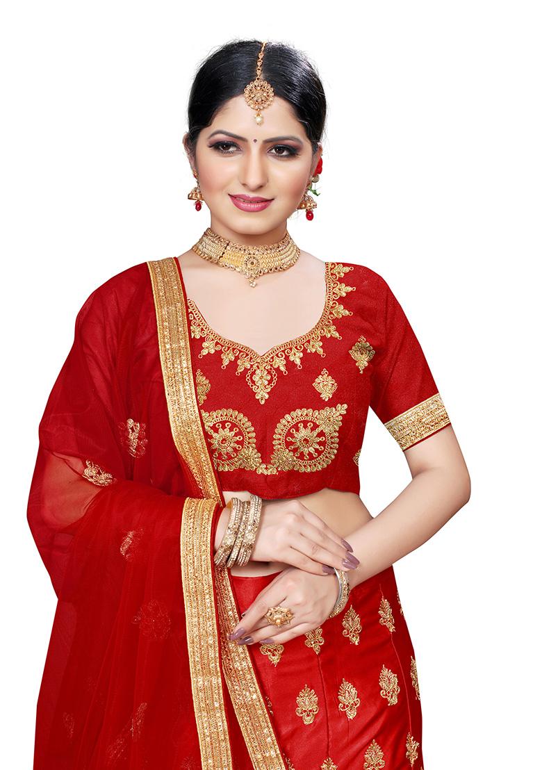 Red Zari Embroidered Silk Blend Lehenga Set