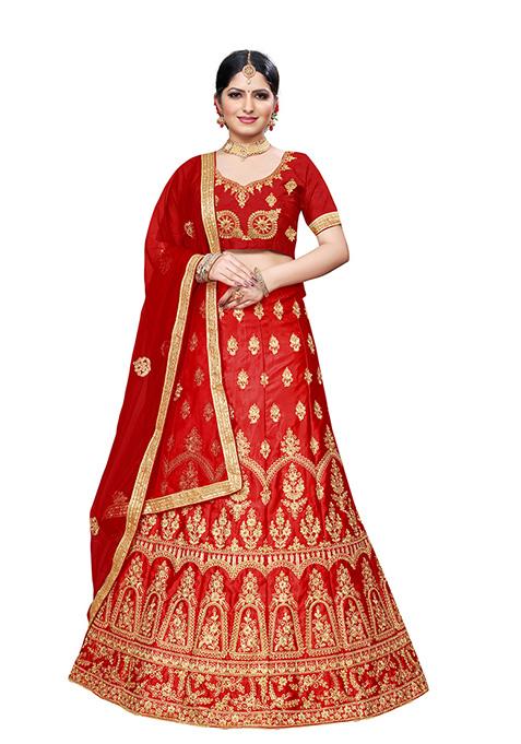 Red Zari Embroidered Silk Blend Lehenga Set