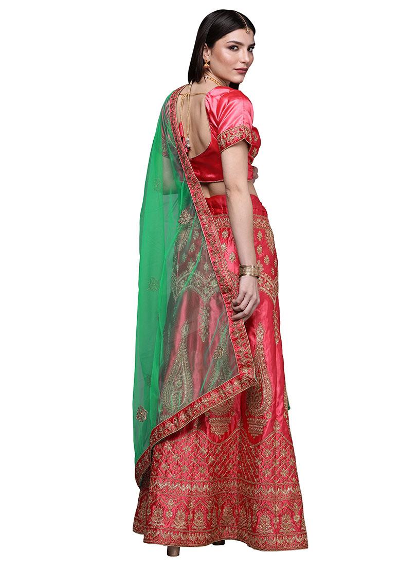 Pink Embroidered Satin Silk Lehenga Set