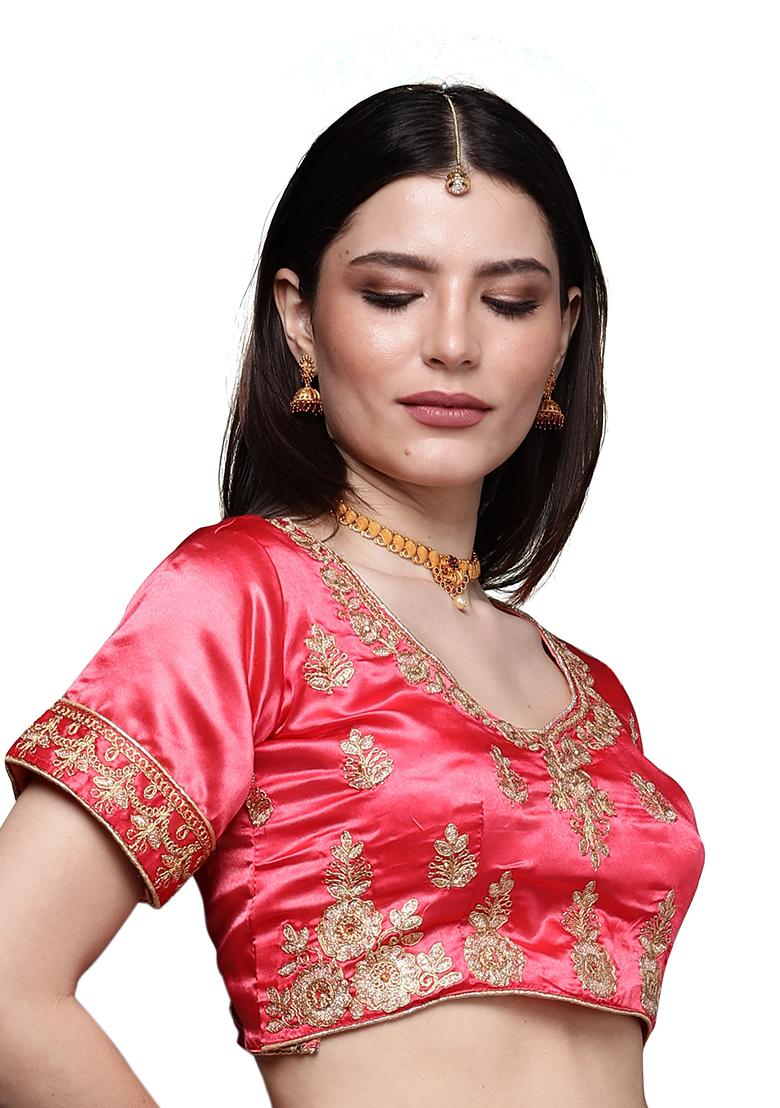 Pink Embroidered Satin Silk Lehenga Set