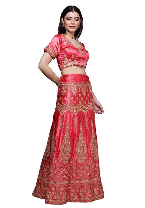 Pink Embroidered Satin Silk Lehenga Set