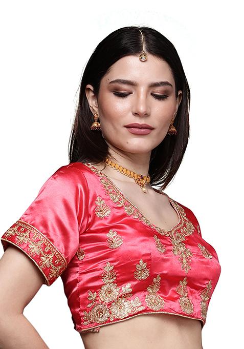 Pink Embroidered Satin Silk Lehenga Set