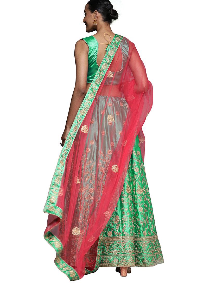 Green Embroidered Satin Silk Lehenga Set