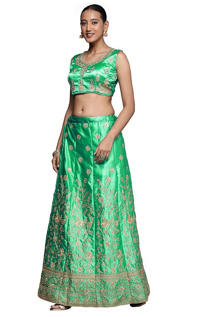 Green Embroidered Satin Silk Lehenga Set