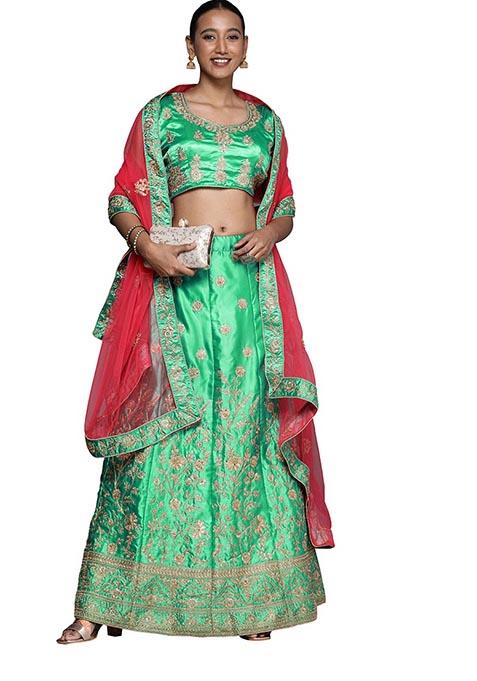 Green Embroidered Satin Silk Lehenga Set