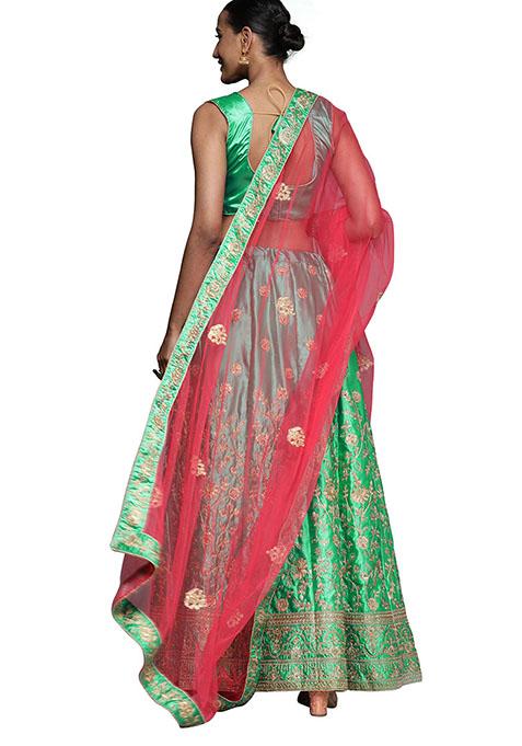 Green Embroidered Satin Silk Lehenga Set