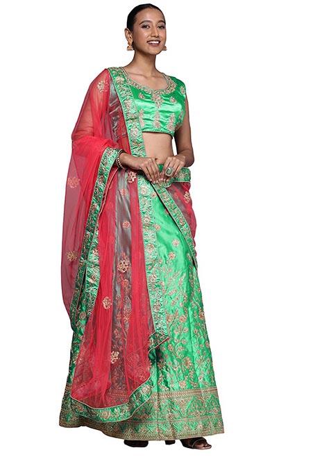 Green Embroidered Satin Silk Lehenga Set
