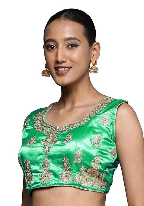 Green Embroidered Satin Silk Lehenga Set