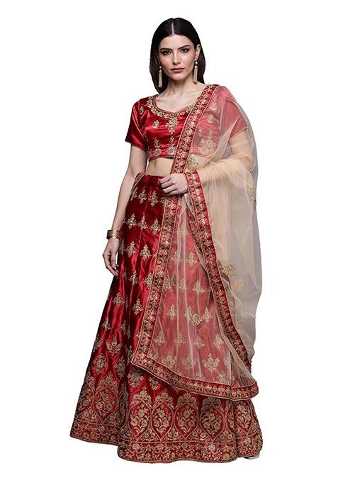 Maroon Embroidered Satin Silk Lehenga Set