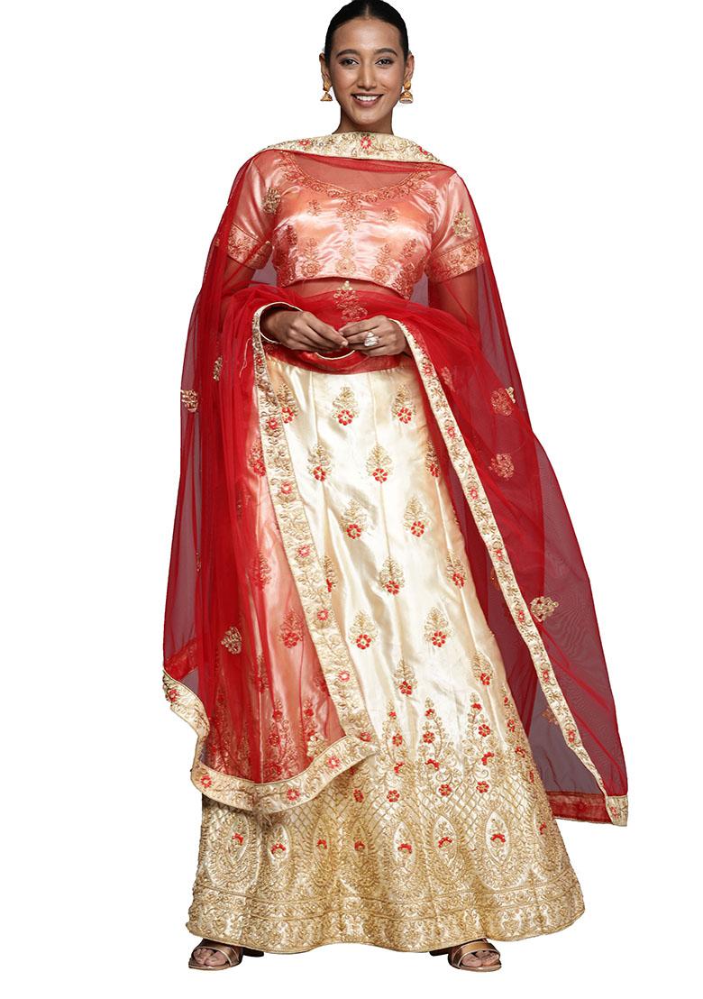 Cream Embroidered Satin Silk Lehenga Set