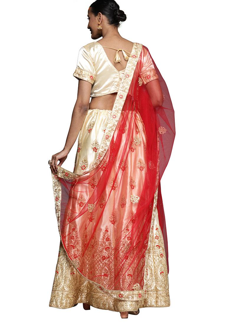 Cream Embroidered Satin Silk Lehenga Set