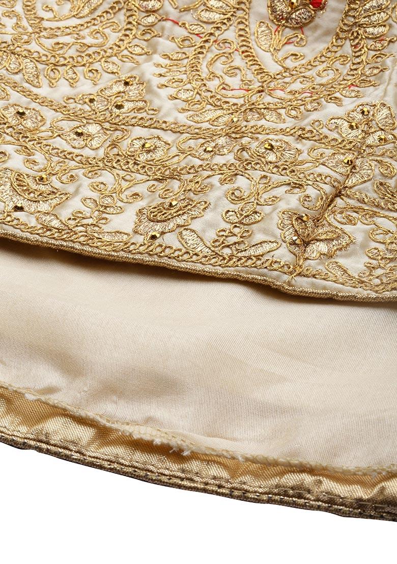 Cream Embroidered Satin Silk Lehenga Set