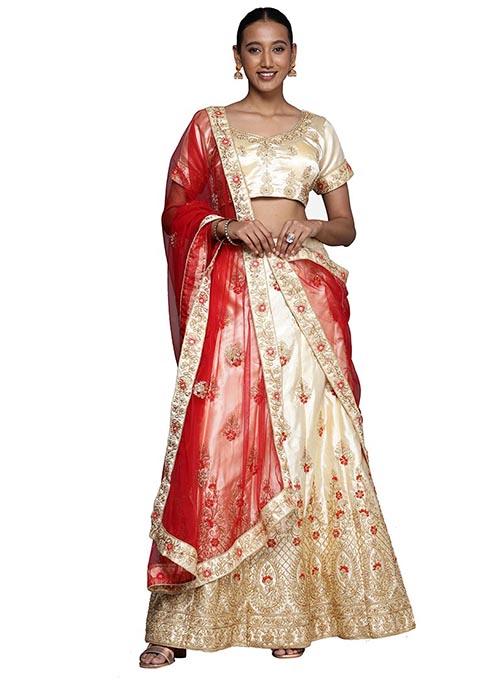 Cream Embroidered Satin Silk Lehenga Set