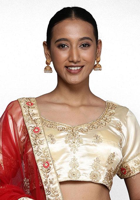 Cream Embroidered Satin Silk Lehenga Set