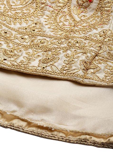 Cream Embroidered Satin Silk Lehenga Set