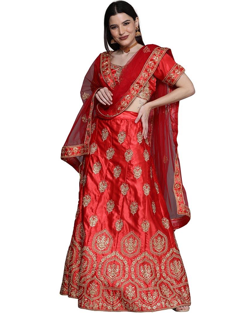 Red Embroidered Satin Silk Lehenga Set