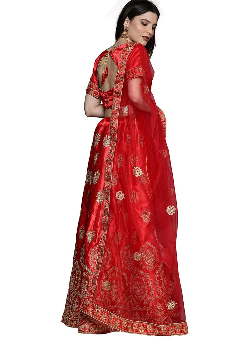 Red Embroidered Satin Silk Lehenga Set