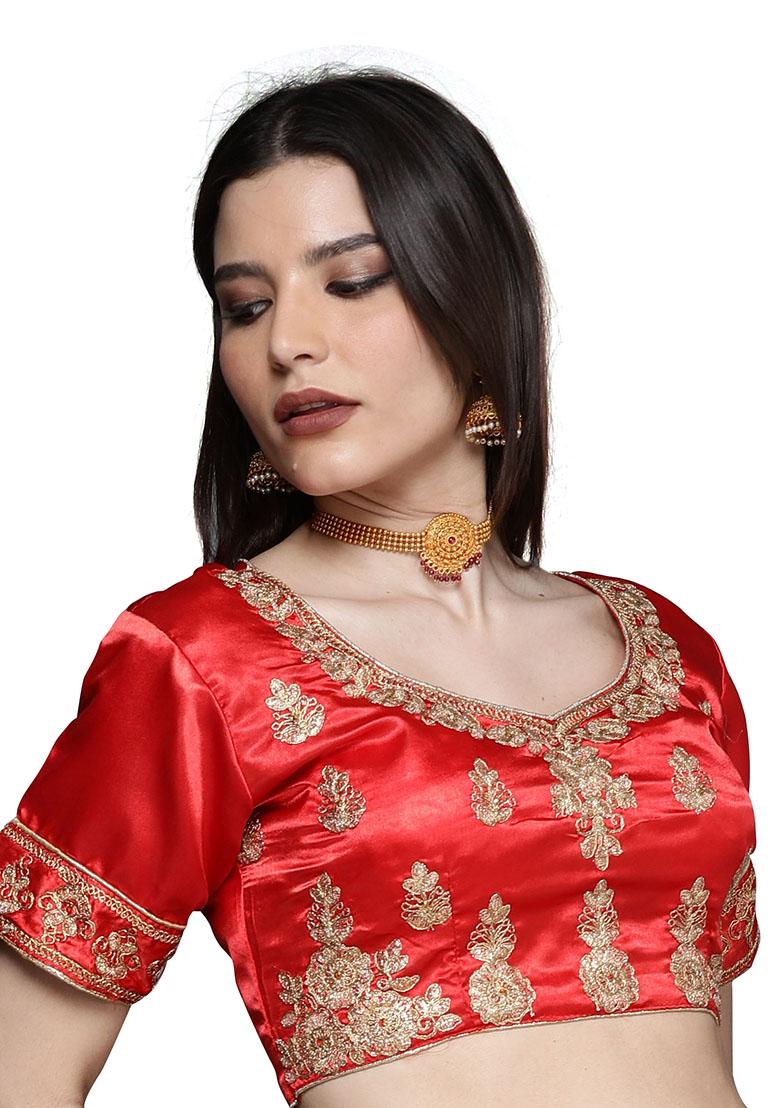 Red Embroidered Satin Silk Lehenga Set