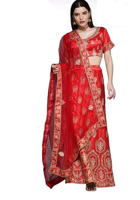 Red Embroidered Satin Silk Lehenga Set