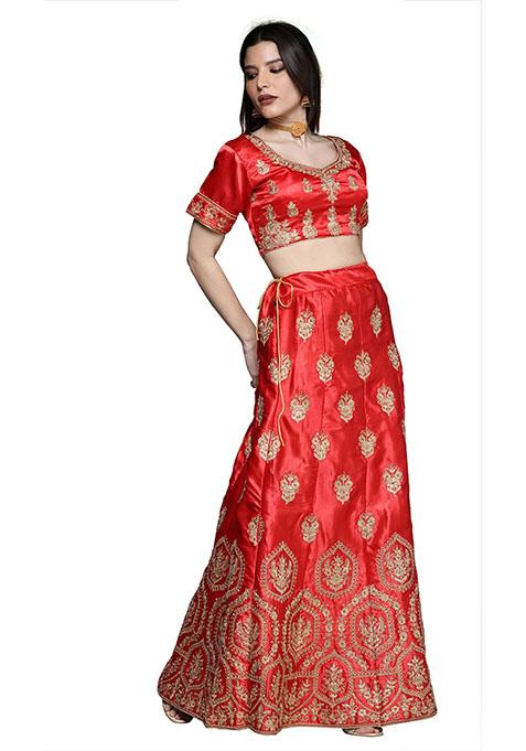 Red Embroidered Satin Silk Lehenga Set