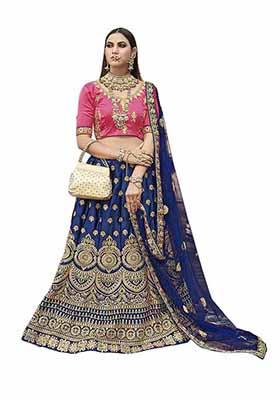 Blue Embroidered Satin Silk Lehenga Set
