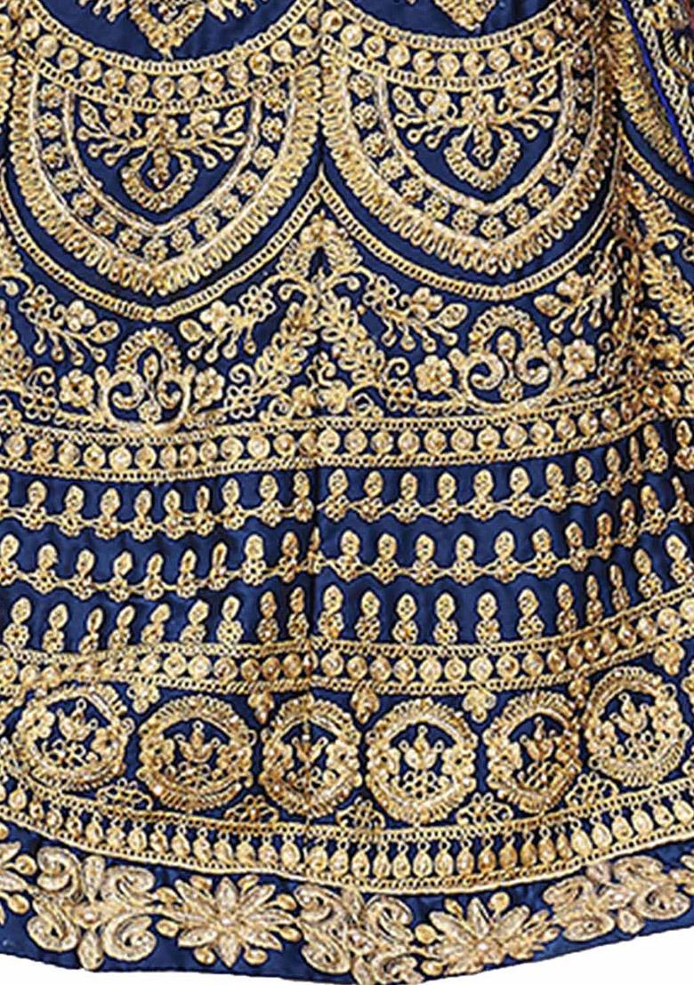 Blue Embroidered Satin Silk Lehenga Set - Indya