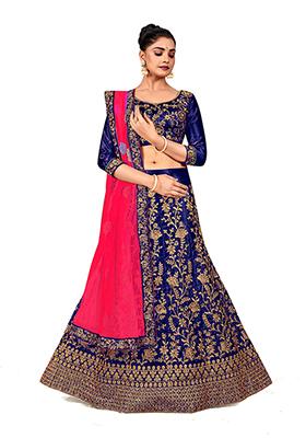 Blue Zari Embroidered Satin Silk Lehenga Set