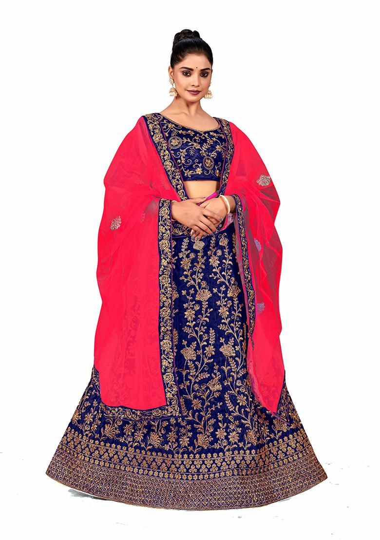 Blue Zari Embroidered Satin Silk Lehenga Set - Indya