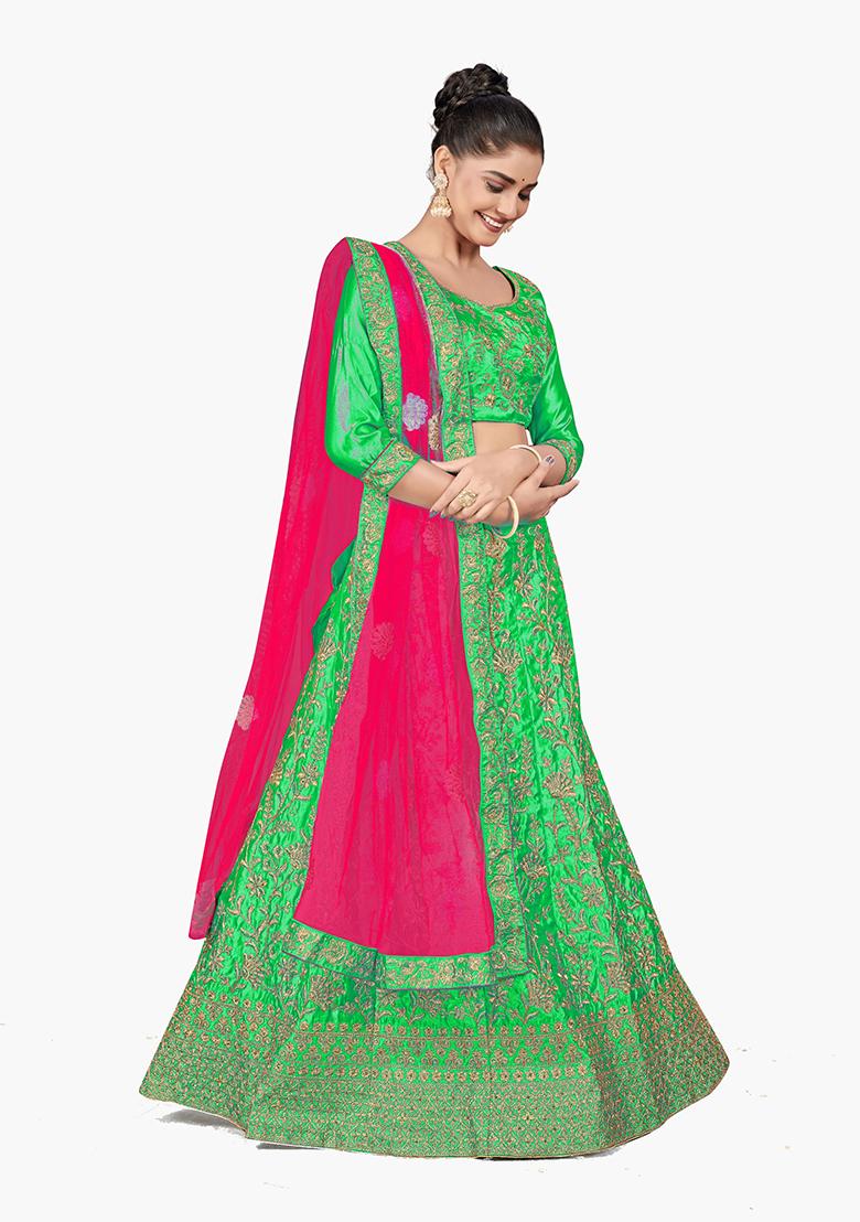 Green Zari Embroidered Satin Silk Lehenga Set