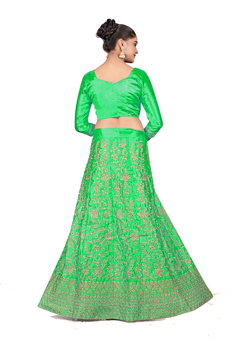 Green Zari Embroidered Satin Silk Lehenga Set