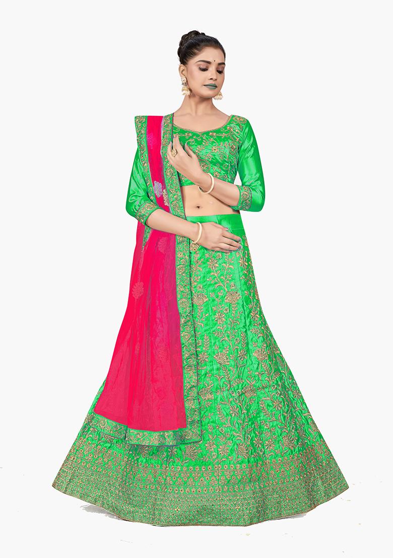 Green Zari Embroidered Satin Silk Lehenga Set