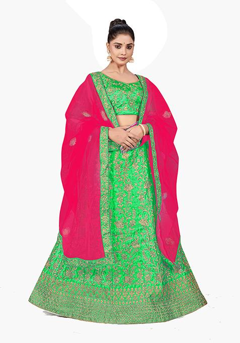 Green Zari Embroidered Satin Silk Lehenga Set