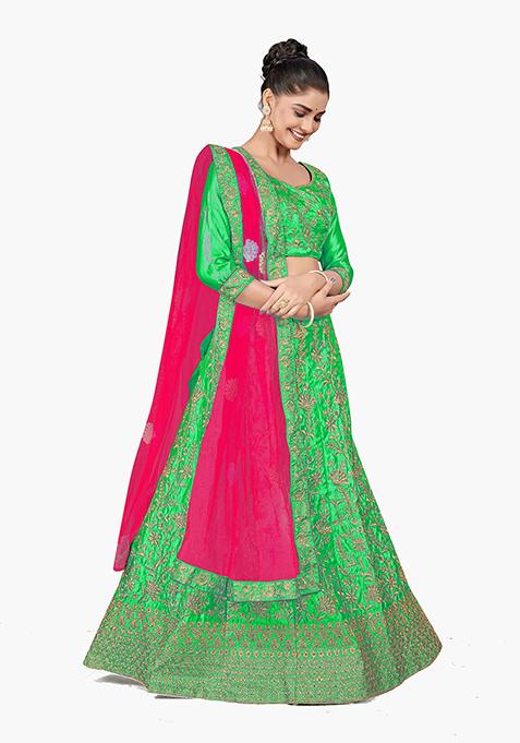 Green Zari Embroidered Satin Silk Lehenga Set