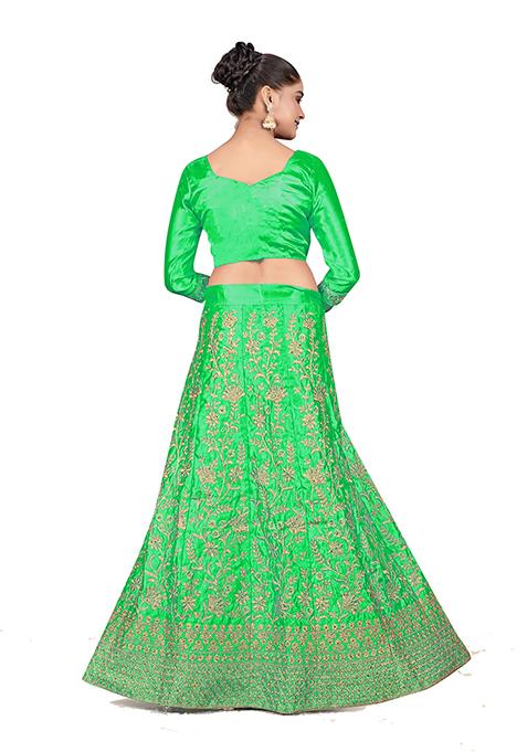Green Zari Embroidered Satin Silk Lehenga Set